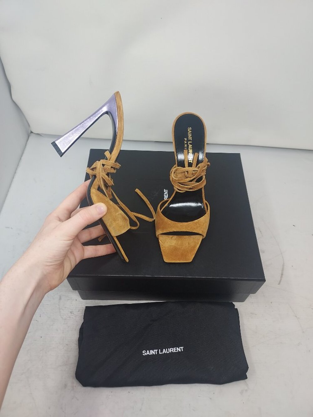 Saint Laurent Suede Brown Paz Ankle Strap Sandal